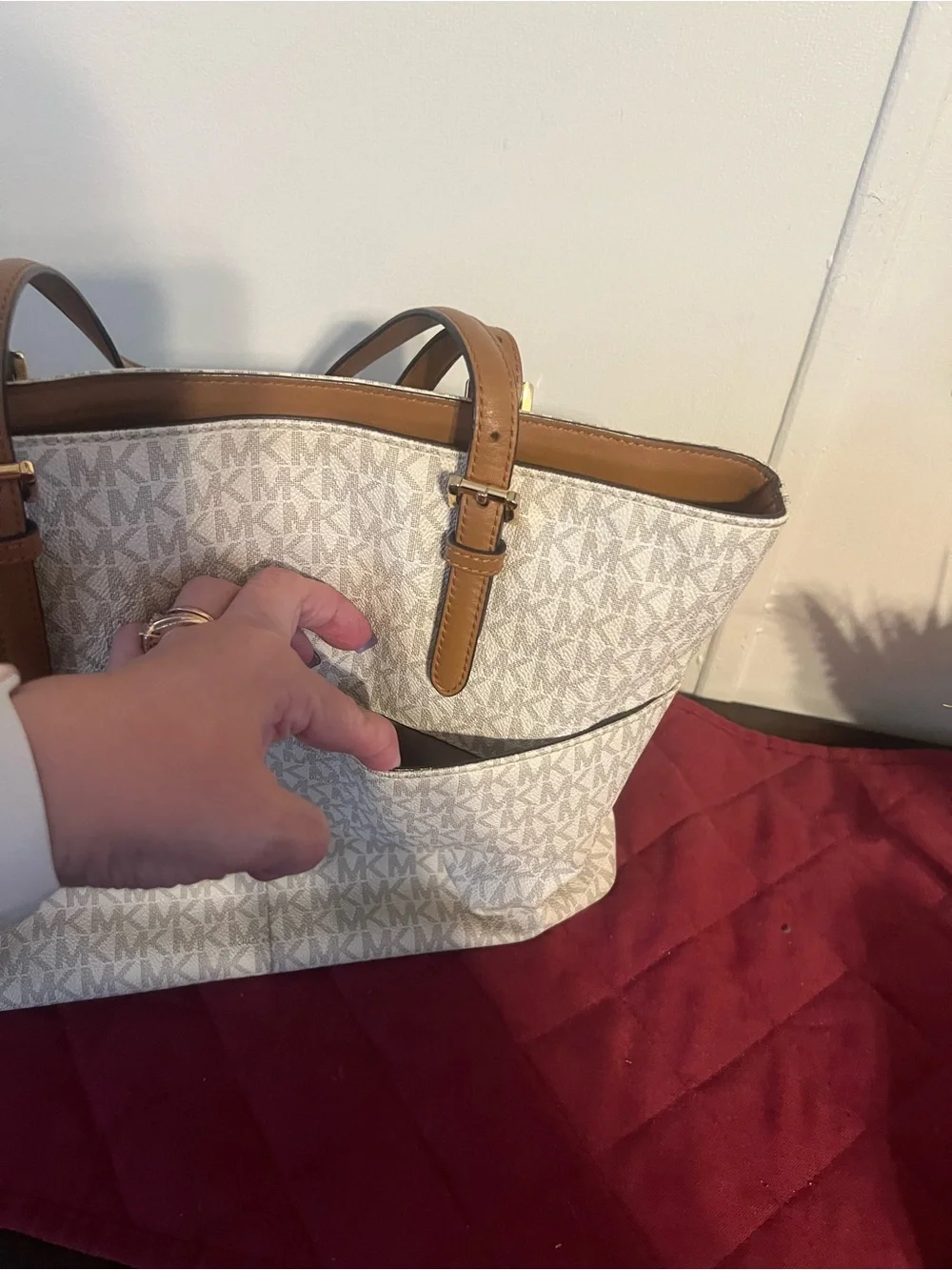 Michael Kors Cream Signature Tote with Tan Leather Trim